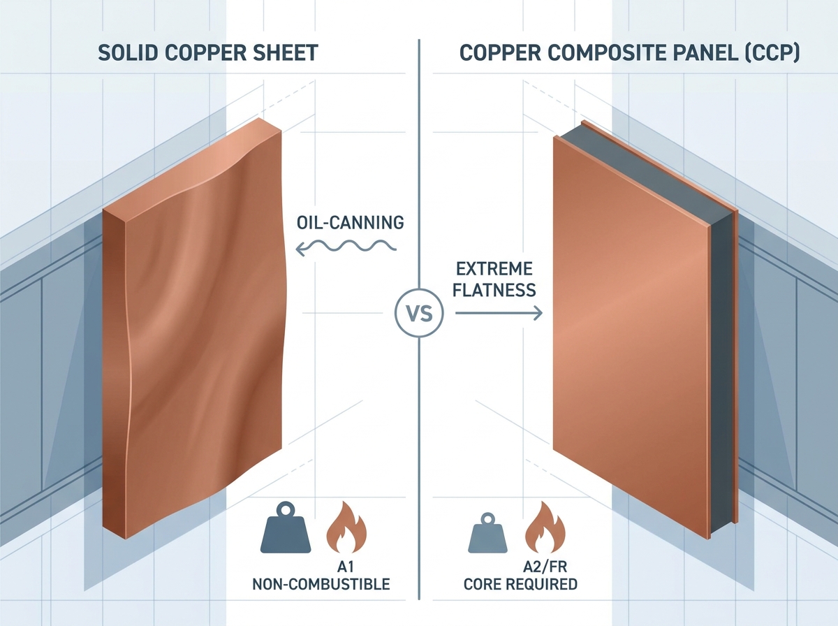 Comparaci&oacute;n entre panel compuesto de cobre y l&aacute;mina de cobre s&oacute;lida